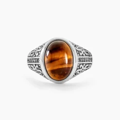 Histoire d'Or Chevalière Acier Vieilli Keegan 艙il De Tigre acier gris quartz marron