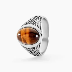 Histoire d'Or Chevalière Acier Vieilli Keegan 艙il De Tigre acier gris quartz marron