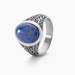 Outlet Histoire d'Or Chevalière Keegan Acier Blanc Lapis Lazuli Oxyde De Zirconium acier blanc lapis lazuli bleu