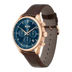 Outlet HUGO BOSS Montre Boss Gregor Bleu cadran rose fond bleu bracelet cuir marron