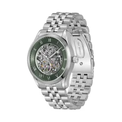 Hot HUGO BOSS Montre Boss Principle Skeleton Vert cadran argenté fond vert bracelet acier argenté