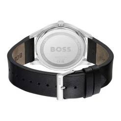 Discount HUGO BOSS Montre Boss Reason Noir cadran argenté fond noir bracelet cuir noir