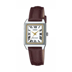 Sale CASIO COLLECTION Montre Blanc cadran argenté fond blanc bracelet cuir de vache marron