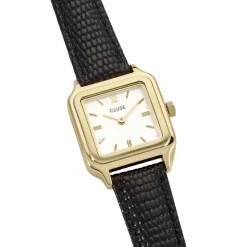 Best CLUSE Montre Gracieuse Petite Blanc cadran doré fond blanc bracelet cuir noir