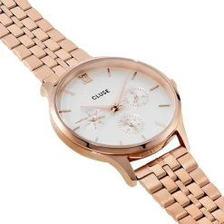 New CLUSE Montre Minuit Multifonction Blanc cadran rose fond blanc bracelet acier rose