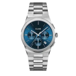 CLUSE Montre Vigoureux Chrono Bleu cadran argenté fond bleu bracelet acier argenté