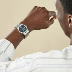 CLUSE Montre Vigoureux Chrono Bleu cadran argenté fond bleu bracelet acier argenté