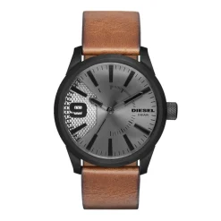 New DIESEL Montre Nsbb Gris cadran noir fond gris bracelet cuir marron