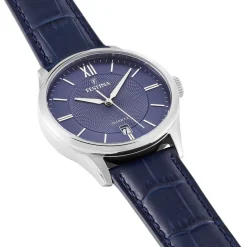 New FESTINA Montre Classics Bleu cadran argenté fond bleu bracelet cuir bleu