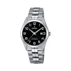 New FESTINA Montre Classics Noir cadran argenté fond noir bracelet acier argenté