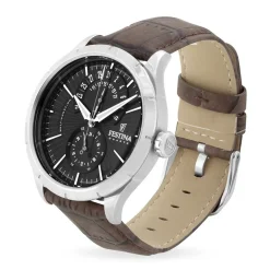 FESTINA Montre Retro Noir cadran argenté fond noir bracelet cuir marron