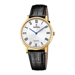 Hot FESTINA SWISS MADE Montre 39 Argenté cadran doré fond argenté bracelet cuir noir