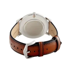 Outlet FOSSIL Montre Minimalist Bleu cadran argenté fond bleu bracelet cuir brun