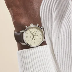 Hot FOSSIL Montre Neutra Chrono Beige cadran argenté fond beige bracelet cuir brun