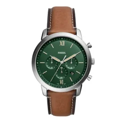 Best FOSSIL Montre Neutra Vert cadran argenté fond vert bracelet cuir marron