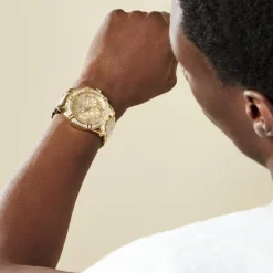 Discount GUESS Montre Frontier Jaune cadran doré fond doré bracelet acier doré