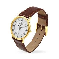 New HERBELIN Montre Classique Blanc cadran doré fond blanc bracelet cuir marron