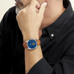 Online LIP Montre Himalaya C艙ur Battant 40 Bleu cadran argenté fond bleu bracelet cuir marron