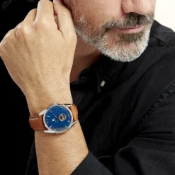 Online LIP Montre Himalaya C艙ur Battant 40 Bleu cadran argenté fond bleu bracelet cuir marron