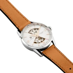 LIP Montre Himalaya Sablier 33 Argenté cadran argenté fond argenté bracelet cuir orange