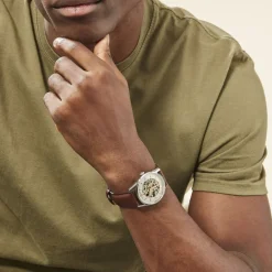 Hot LIP Montre Himalaya Squelette Argenté cadran argenté fond argenté bracelet cuir marron