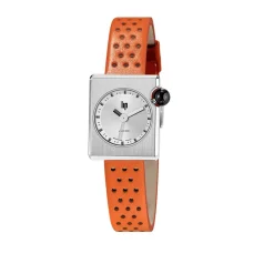 Best LIP Montre Mach 2000 Mini Square Argenté cadran argenté fond argenté bracelet cuir de vache orange