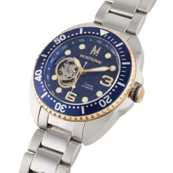 MONTIGNAC Montre Marina Bleu cadran argenté fond bleu bracelet acier argenté