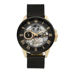 Clearance MONTIGNAC Montre Round Noir cadran doré fond noir bracelet acier noir