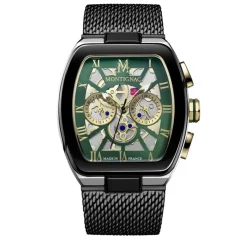 Online MONTIGNAC Montre Tonneau Vert cadran argenté fond vert bracelet acier noir