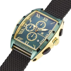 Best MONTIGNAC Montre Tonneau Vert cadran doré fond vert bracelet acier noir