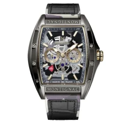 Best MONTIGNAC Montre Tonneau Noir cadran gris fond noir bracelet cuir de vache noir