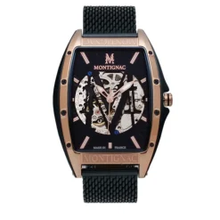 Online MONTIGNAC Montre Tonneau Automatique Bleu cadran rose fond bleu bracelet acier bleu