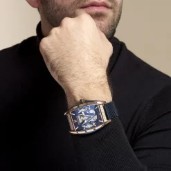 Online MONTIGNAC Montre Tonneau Automatique Bleu cadran rose fond bleu bracelet acier bleu