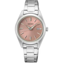 Discount SEIKO Montre Classique Rose cadran argenté fond rose bracelet acier argenté