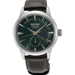 Discount SEIKO Montre Presage Cocktail Vert cadran argenté fond vert bracelet cuir marron