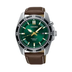 Sale SEIKO Montre Sport Kinetic Vert cadran argenté fond vert bracelet cuir marron