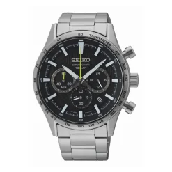 Sale SEIKO Montre Sport Noir cadran argenté fond noir bracelet acier argenté