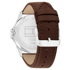 Sale TOMMY HILFIGER Montre Bruce Bleu cadran argenté fond bleu bracelet cuir de veau marron